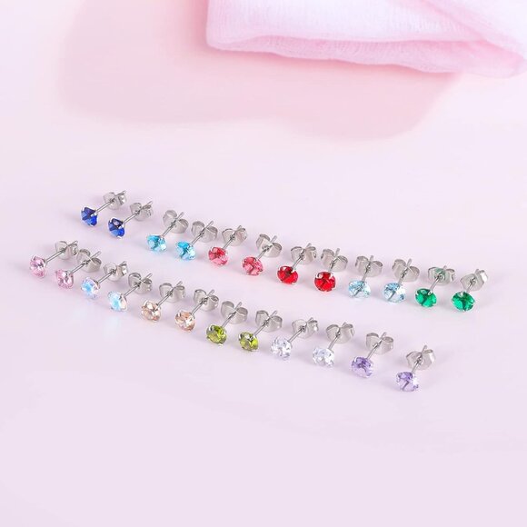 12 Pairs Silver 5mm Round Cubic Zirconia Stud Earrings for Women - Surgical Stee - Picture 2 of 6